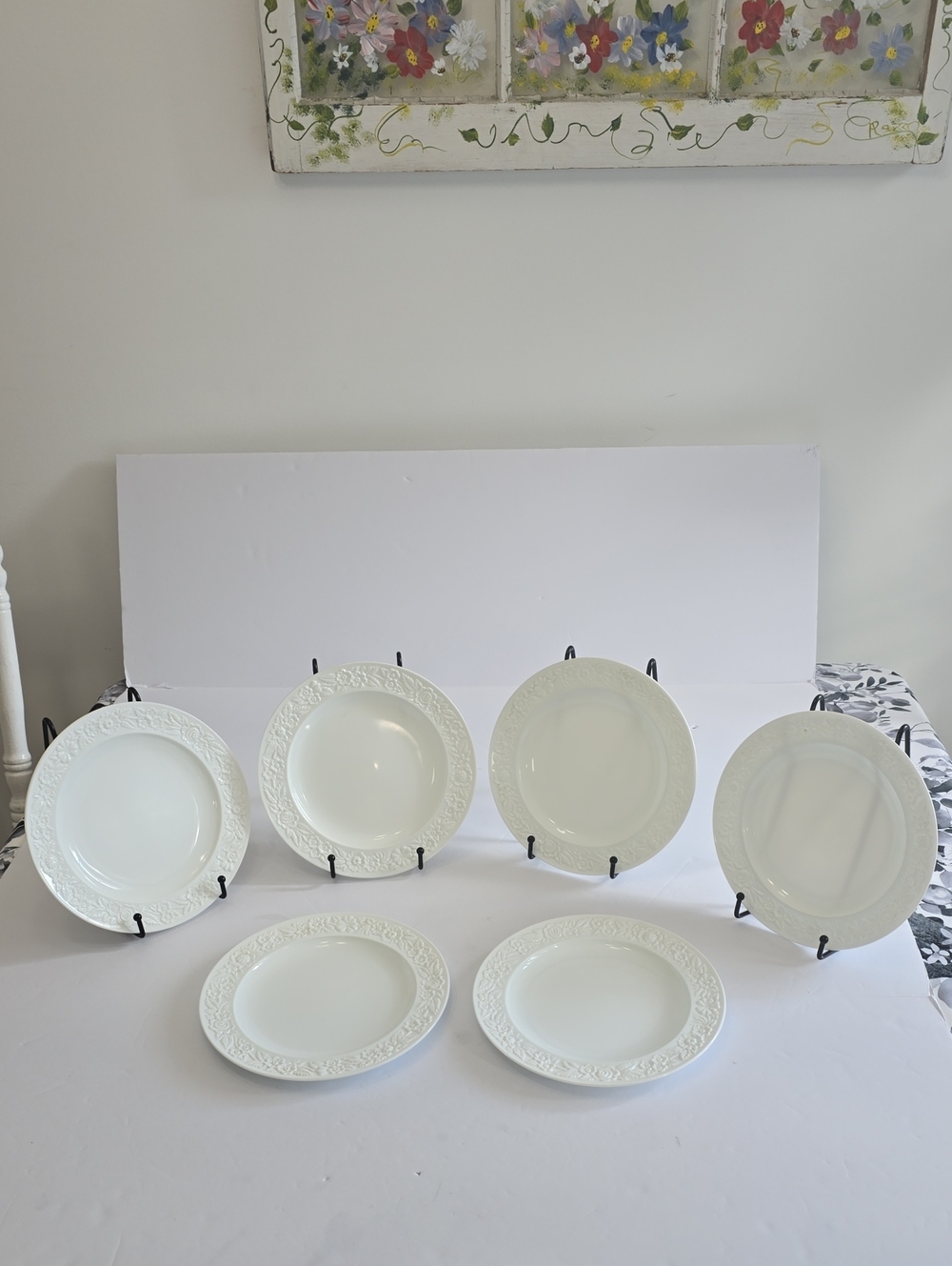 Vintage Anchor Hocking 6 White Depression Vitrock Glass Salad Plates Floral Rim